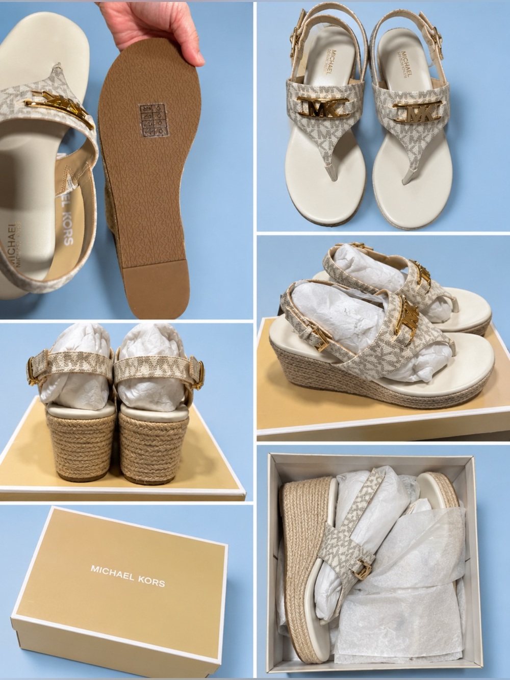 Michael Kors Beige Logo Espadrille Wedge Sandals with Gold Hardware